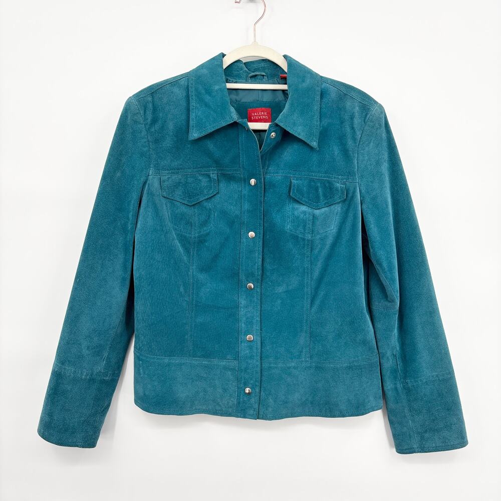 Valerie Stevens Size M Vintage Suede Leather Jacket Teal Blue Snap Up Western